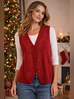 Women’s Vintage Jessica ( Sears ) Cranberry Red Beaded Sweater Vest Size Large